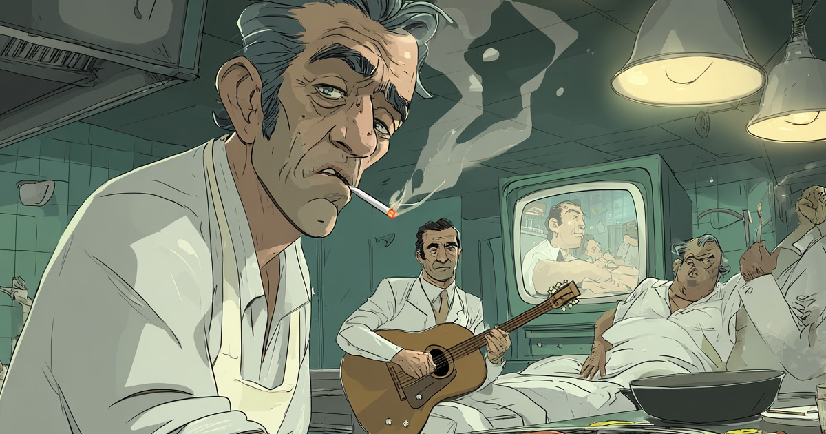 Retro-style illustration of a smoky 1960s Greek-American diner kitchen, with a weary cook smoking over the grill, a bouzouki player performing near hospital beds, and a vintage TV in the background showing a doctor smoking beside a patient.