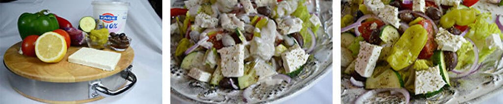 Greek salad ingredients with feta, yogurt, vegetables, olives, and finished salad