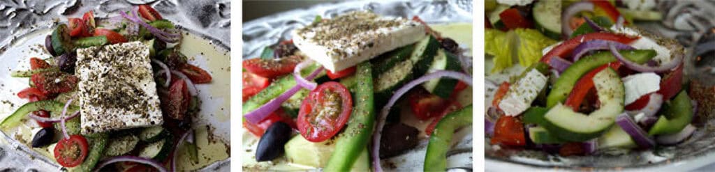 Horiatiki Greek salad with feta, tomatoes, cucumber, red onion, green pepper, and Kalamata olives