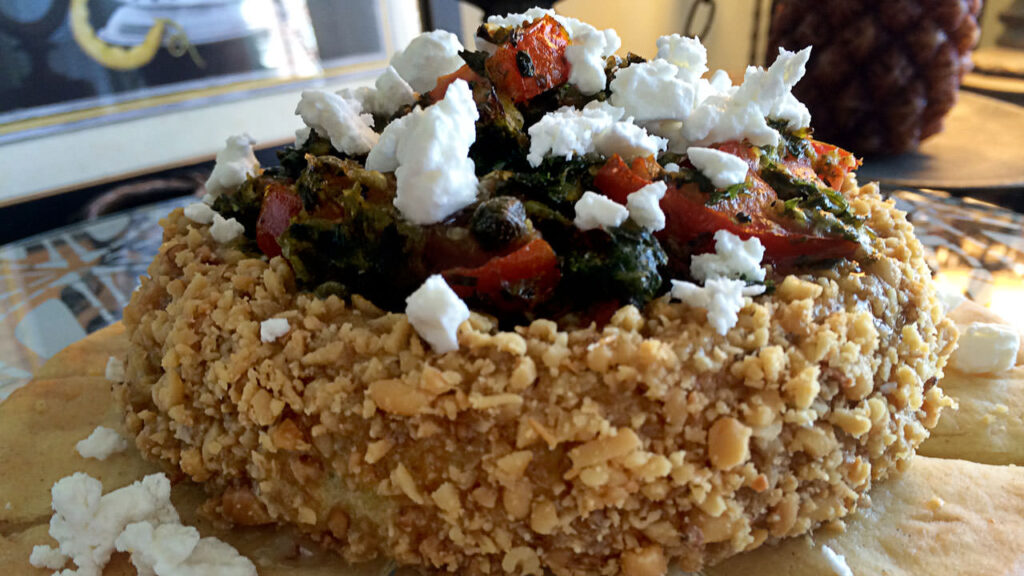 Mediterranean Baked Brie Brochetta with Pine Nuts
