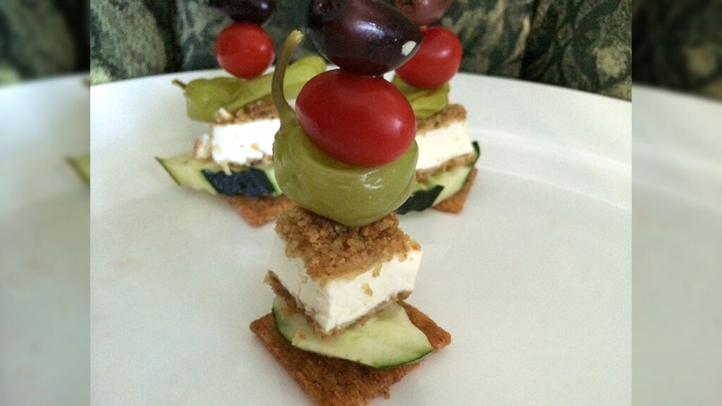 Greek Salad Stack with Fried Feta & Lemon Mint Vinaigrette