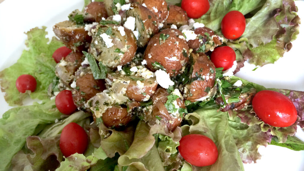 Roasted Potato Salad with Pesto, Mint & Feta