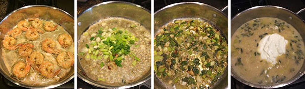 Step-by-step cooking photos of Shrimp Santorini being prepared in a skillet with scallions, oregano, feta, and Greek yogurt cream sauce.