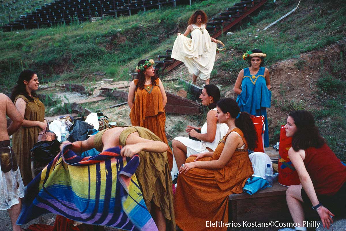 Theater performers rest and cool off between rehearsals in the ancient theater of Dion at the foot of Mount Olympus.