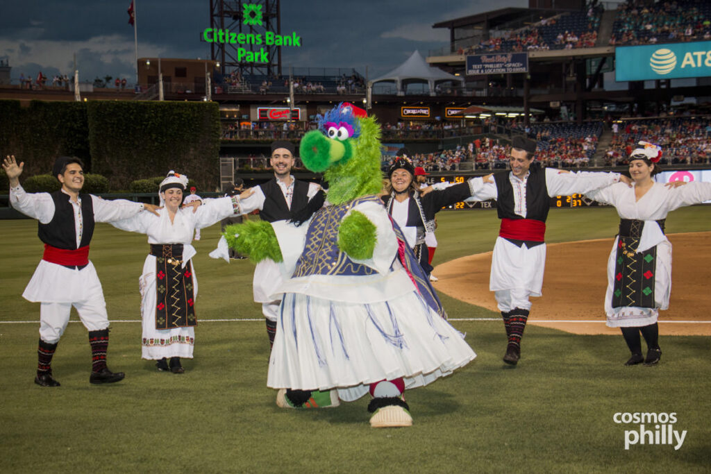 Phillie Phanatic and Pan-Macedonian Dance Group at Greek Heritage Night