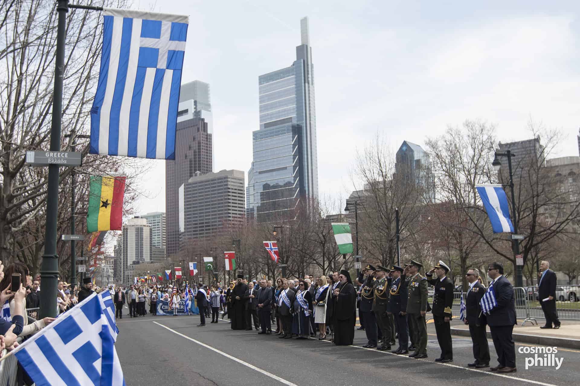 Greek Independence Day parade in Philadelphia featuring flags and community members in 2019.