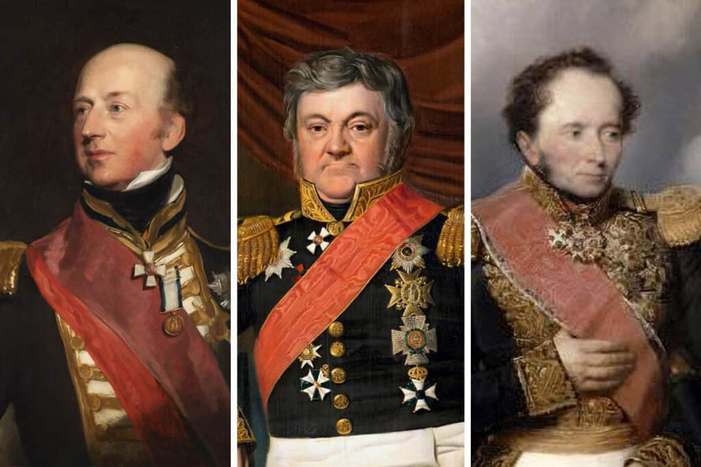 Portraits of Admirals Edward Codrington, Lodewijk van Heiden, and Henri de Rigny, commanders of the allied British, Russian, and French fleets at the Battle of Navarino.