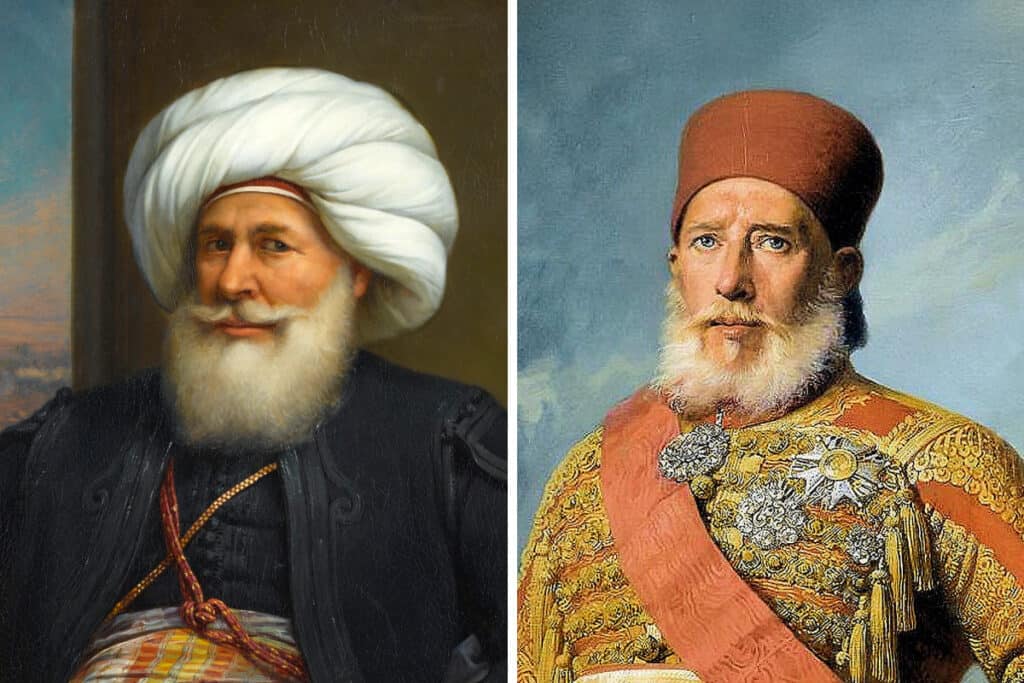 Portraits of Muhammad Ali Pasha of Egypt and his son Ibrahim Pasha, who led the Ottoman–Egyptian forces during the Greek War of Independence and the Battle of Navarino in 1827.