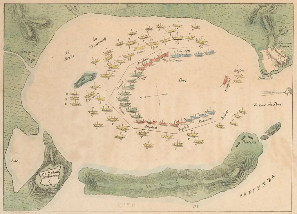 Map of the Battle of Navarino (Pylos) showing allied and Ottoman-Egyptian fleets in battle formation, October 20, 1827.