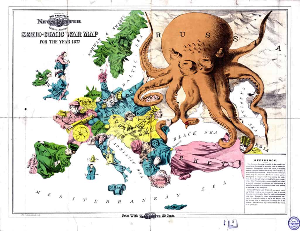 1877 British satirical map depicting Russia as an octopus with its tentacles reaching across Europe, symbolizing fears of Russian expansion.