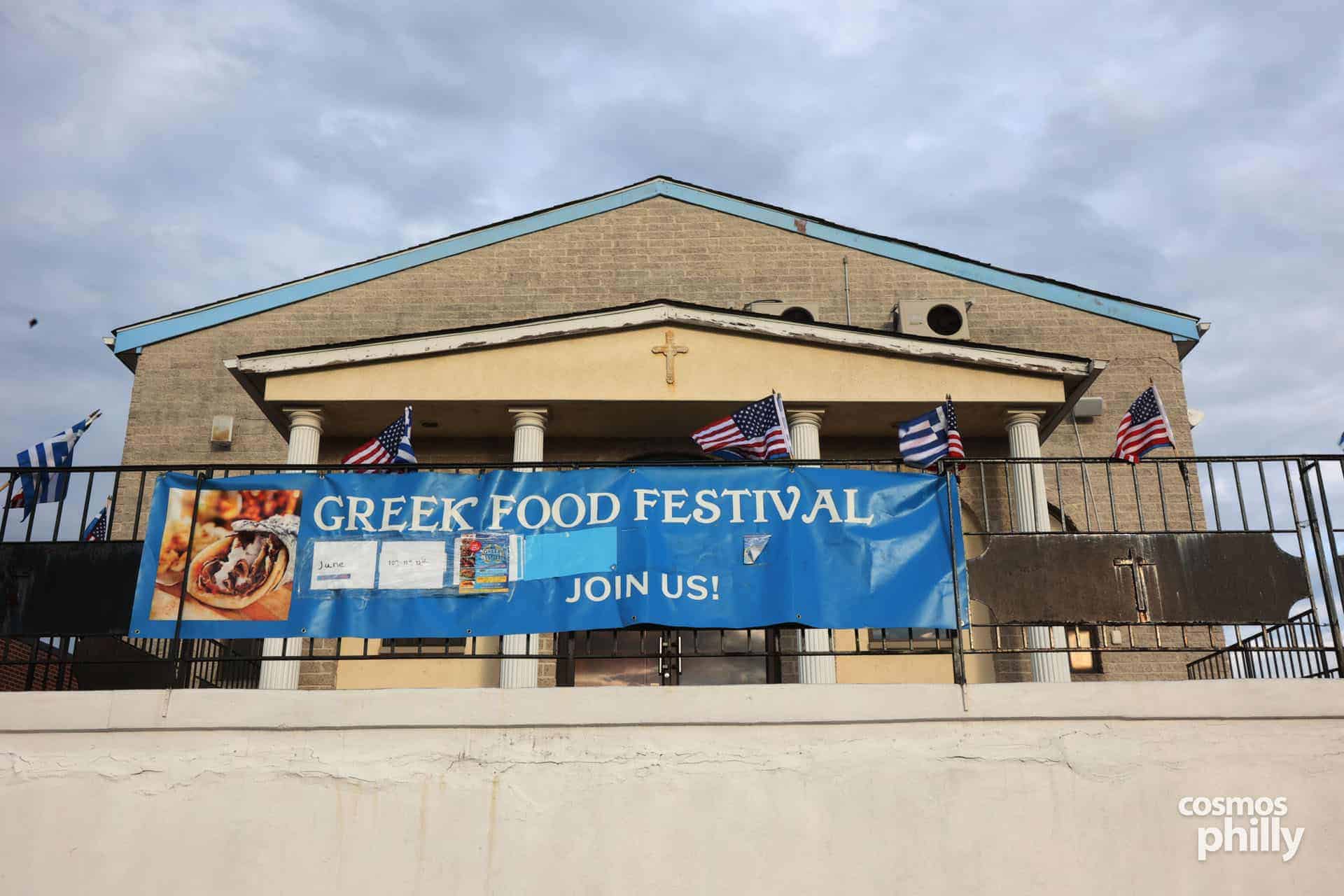 Evangelismos of Theotokos Church in Bustleton with a Greek Food Festival banner outside during the 2022 festival.
