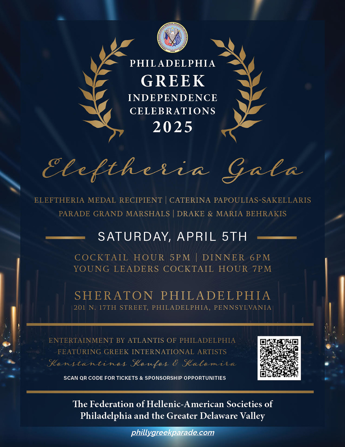 Flyer for the Eleftheria Gala 2025, part of the Philadelphia Greek Independence Celebrations on April 5, 2025, at the Sheraton Philadelphia Downtown Hotel.