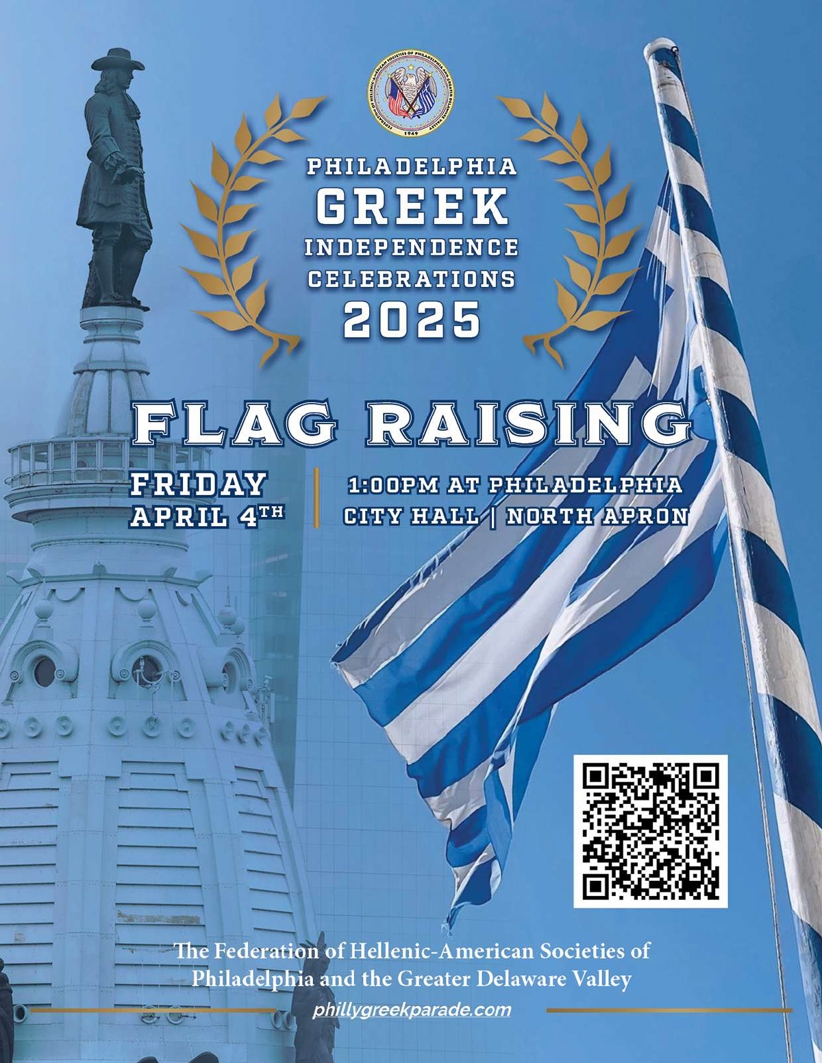 Flyer for the 2025 Philadelphia Greek Independence Flag Raising at City Hall, featuring a Greek flag, event details, and a QR code.