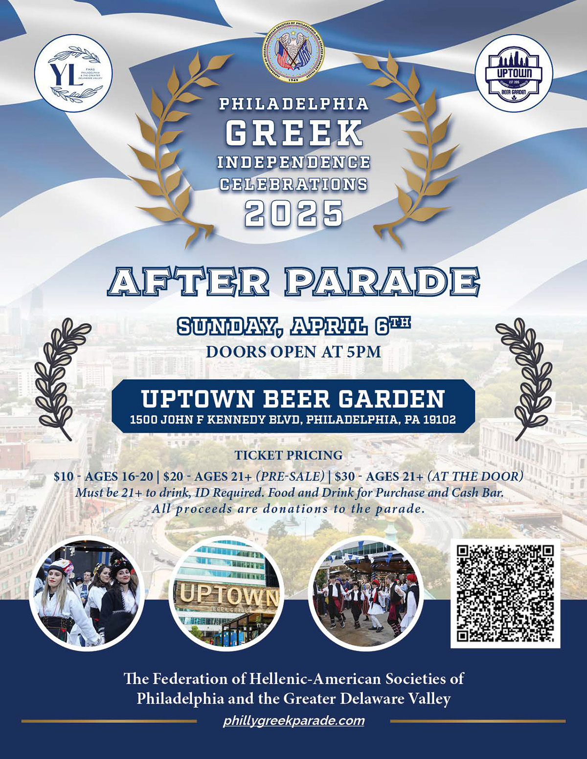 Flyer of the Philadelphia Greek Independence Day Parade 2025 After-Party at Uptown Beer Garden on April 6.