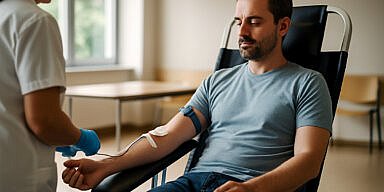 A man is getting blood drawn by a nurse.