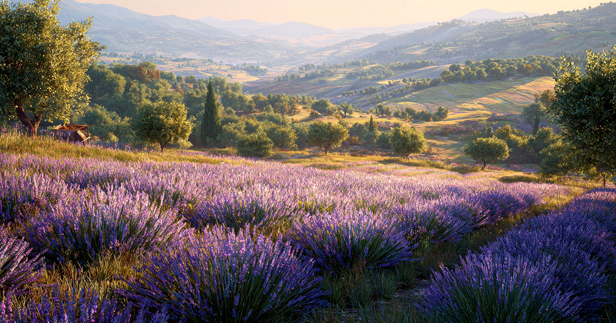 Wide-angle view of lavender fields in northern Greece, with neat rows leading to distant hills and olive groves under an open morning sky.