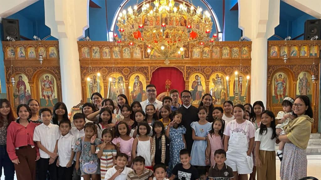 Children and parishioners gather at the Annunciation Orthodox Cathedral in Manila for the opening of catechism class