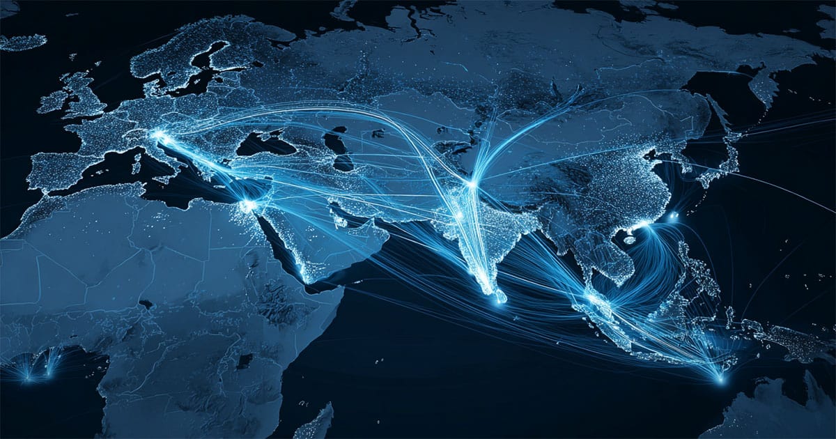 Map showing shipping routes between Greece and the Philippines