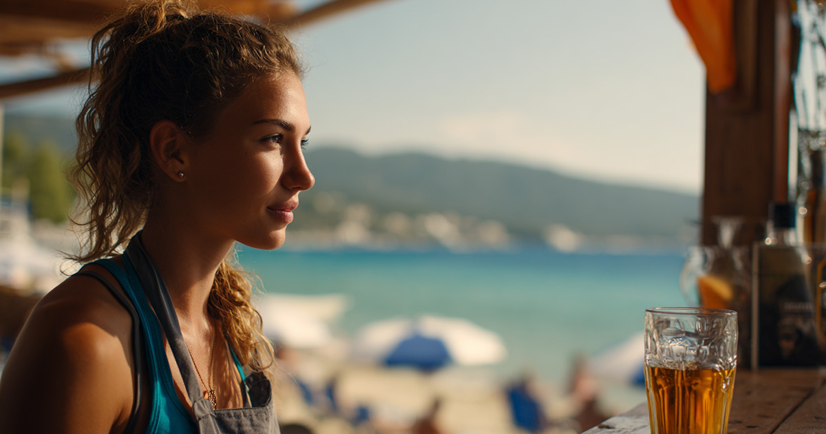Young Greek seasonal worker on Ammouliani wearing an apron, standing at a beachside bar with the sea and umbrellas in the background.