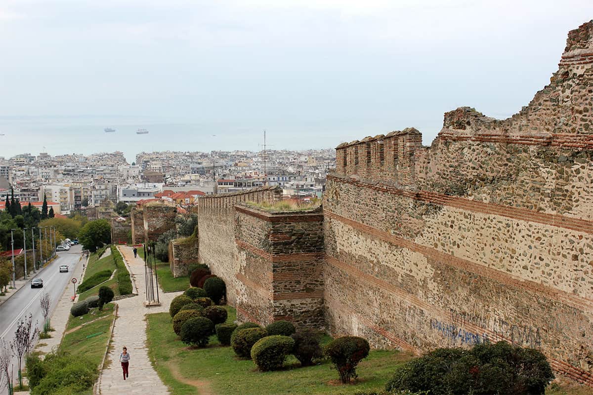 Byzantine walls of Thessaloniki overlooking the city and sea, eastern fortifications