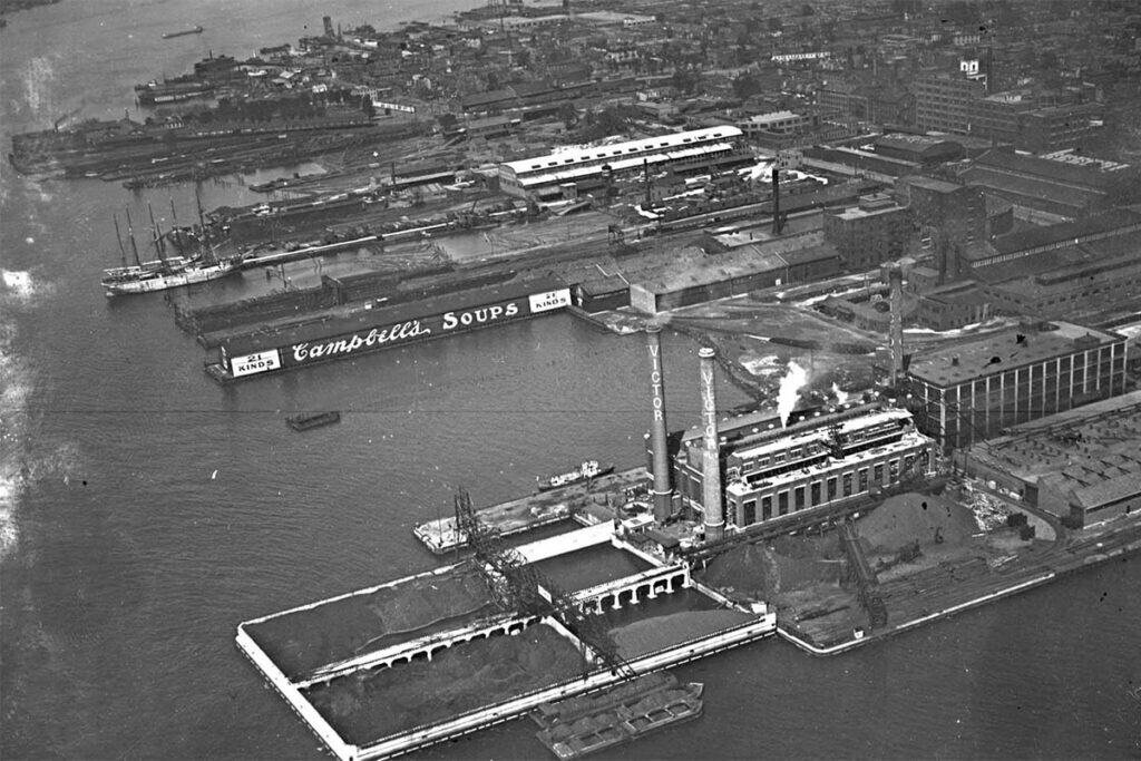 Aerial view of Camden, New Jersey industrial waterfront with Campbell’s Soup and RCA Victor, circa 1915