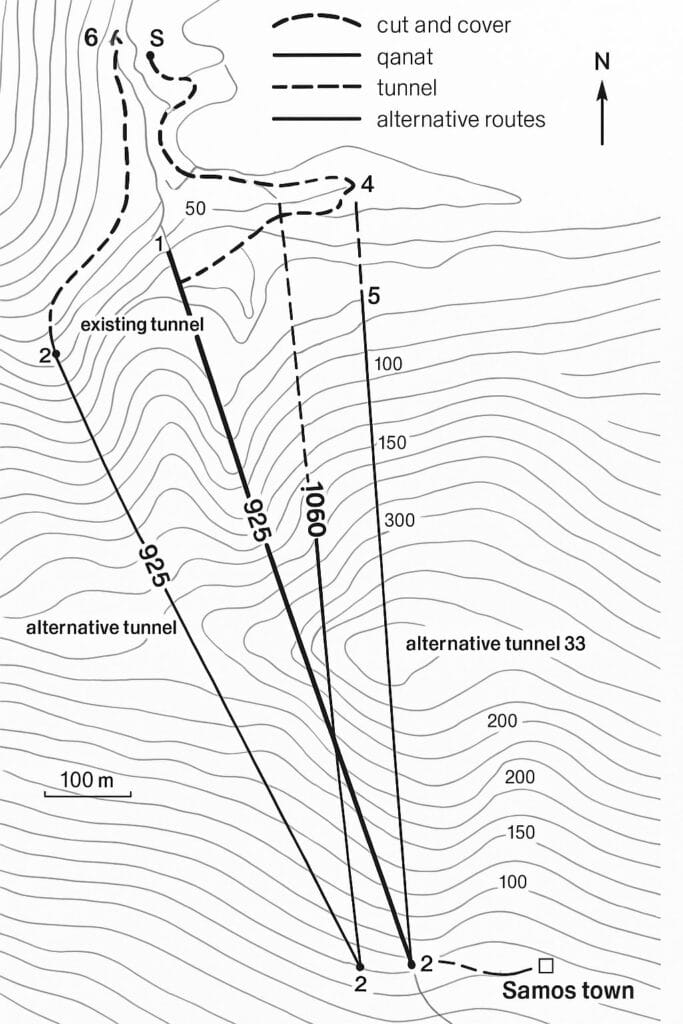 Plan view of the Eupalinos Tunnel and alternative paths on Samos