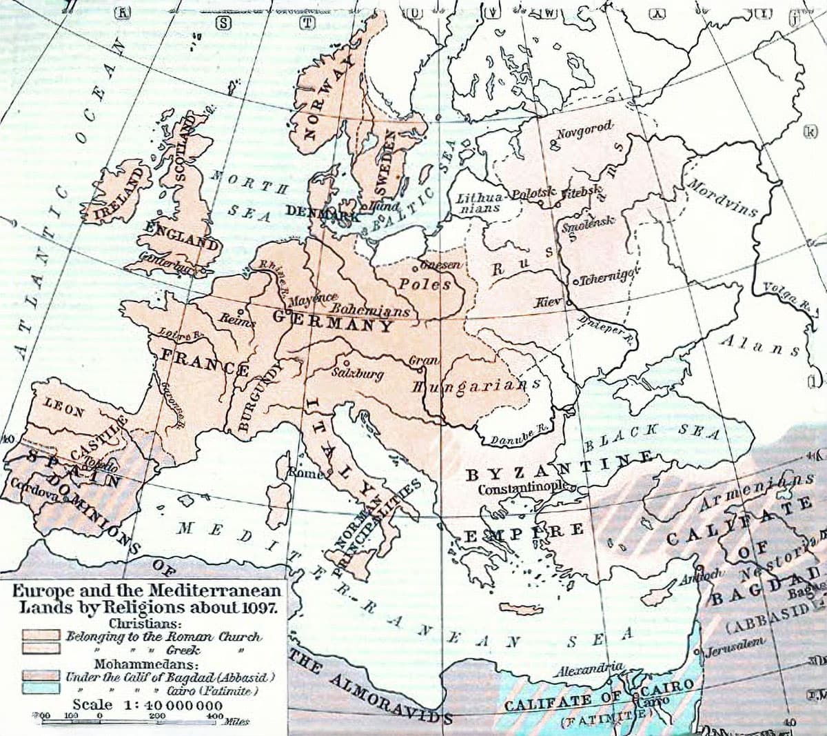 Historical map of Europe and the Byzantine Empire around 1097 showing Norman and Byzantine territories