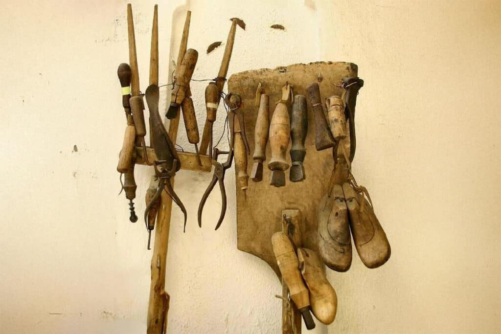 Traditional wooden shoe lasts and cobbler’s tools at Kogias Art Handmade Shoes & Boots in Kastania, Karditsa