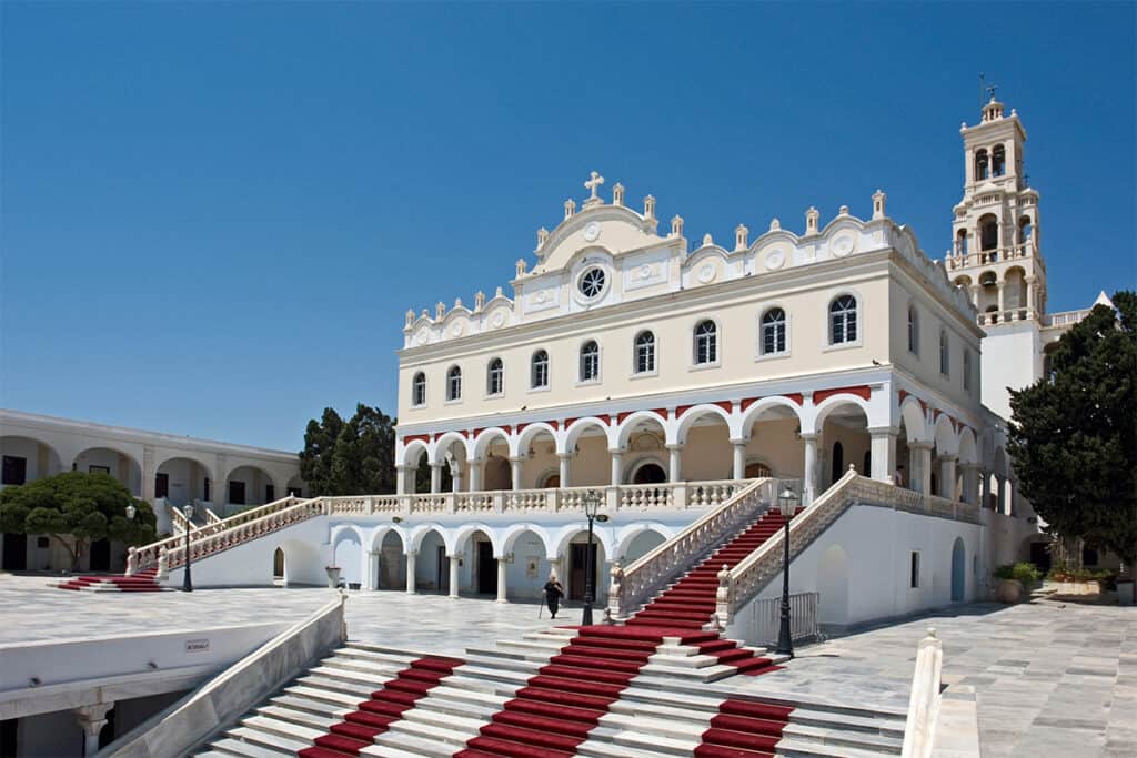 Exterior view of the Church of Panagia Evangelistria in Tinos, Greece