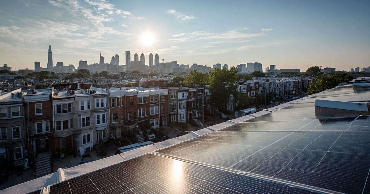 Rooftop solar panels on Philadelphia rowhouses with skyline in the background at midday.