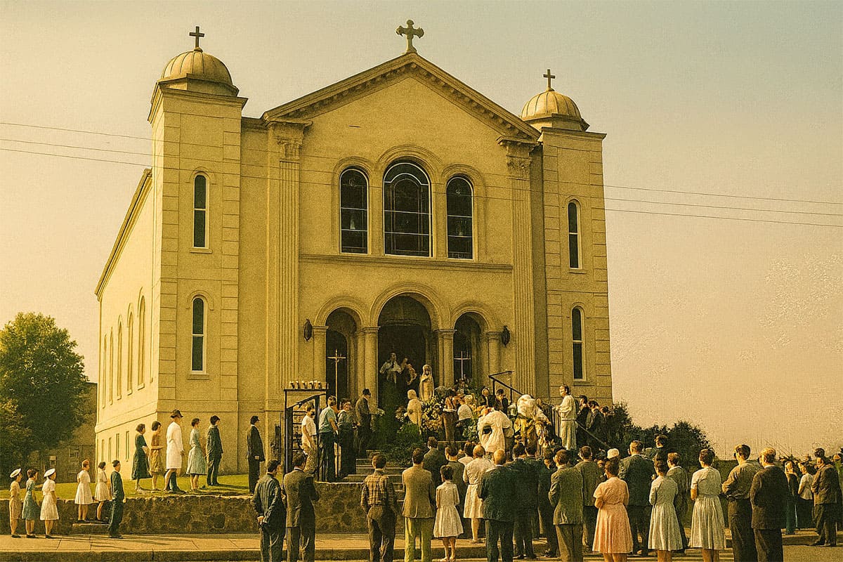 St. George Greek Orthodox Church at 7th and Butler Streets in Chester, PA, captured during a community gathering in the mid-20th century.