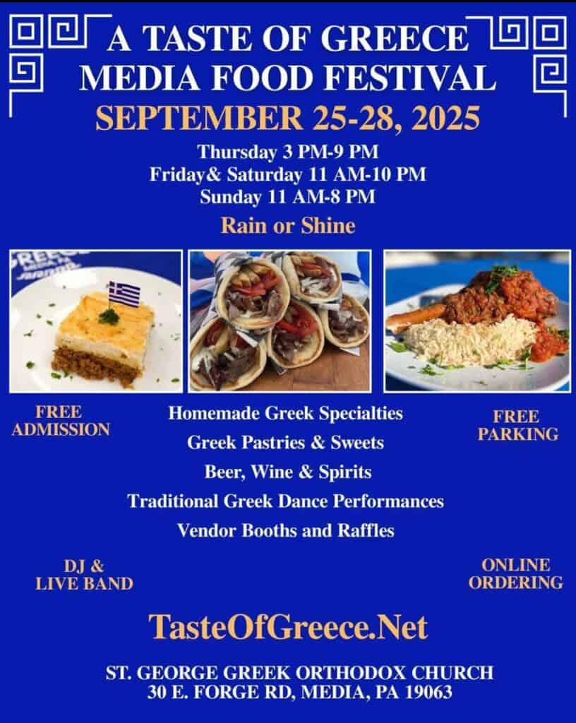 Flyer for Taste of Greece Festival in Media, September 25–28, 2025