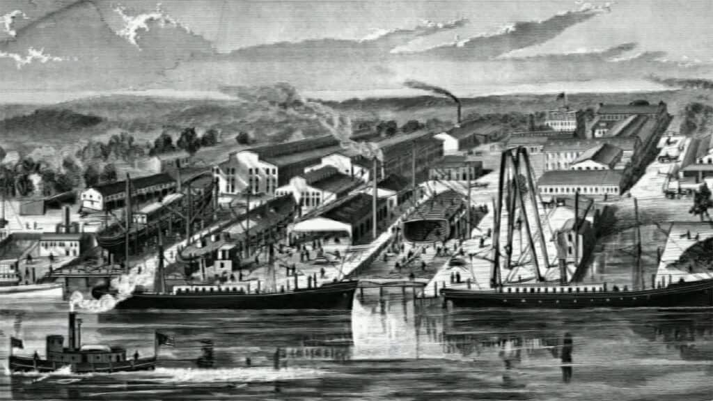 Illustration of Wilmington shipyards in the late 19th century