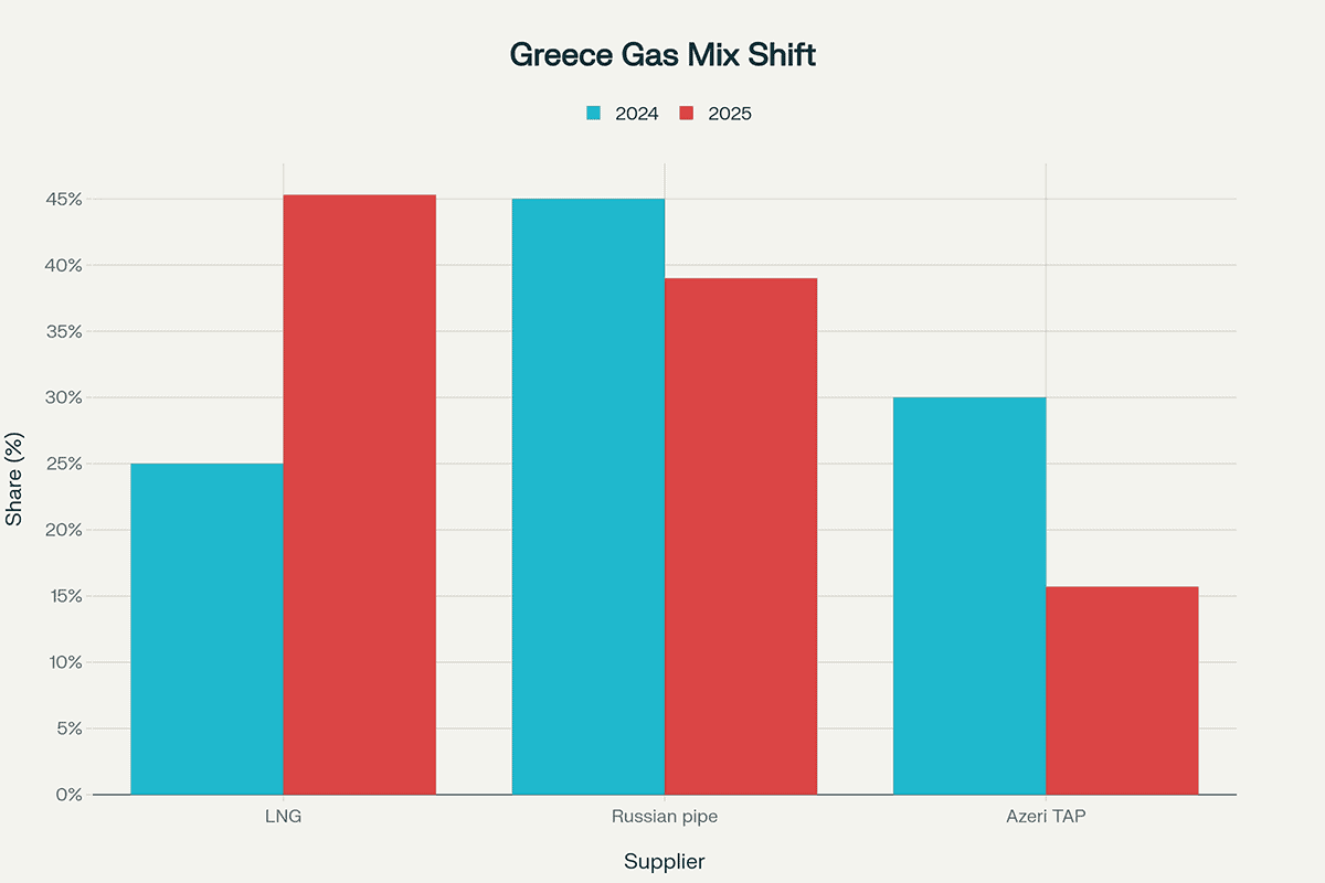 Shift in Greece’s Gas Import Mix (2024 vs Jan–Aug 2025)