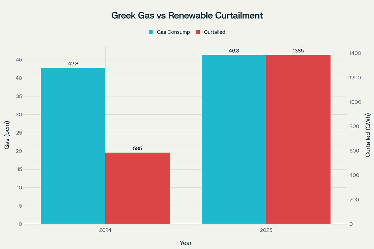 Total Greek Gas Consumption vs Renewable Curtailment (2024–25)