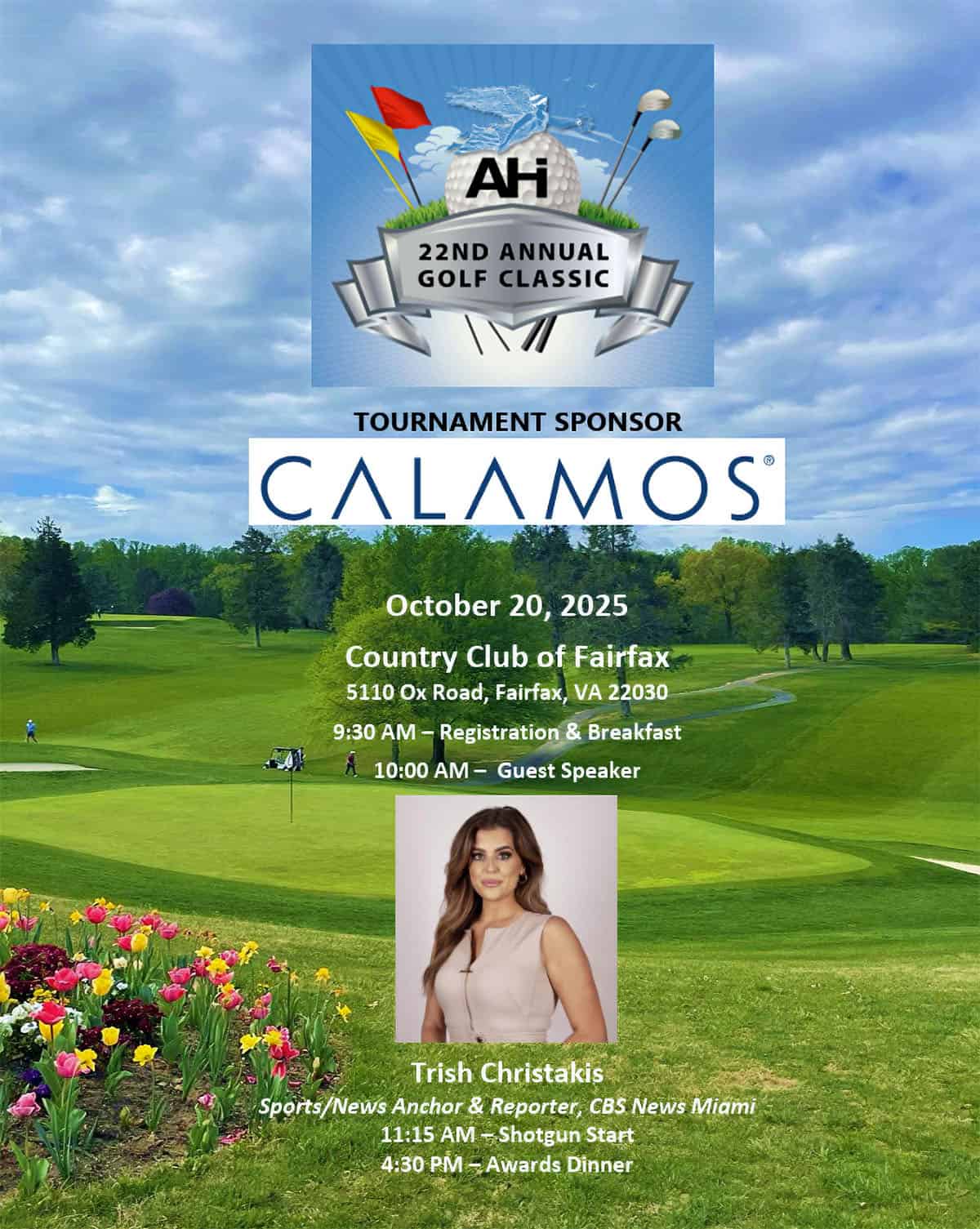 Flyer for the AHI 22nd Annual Golf Classic at the Country Club of Fairfax on October 20, 2025, featuring guest speaker Trish Christakis.