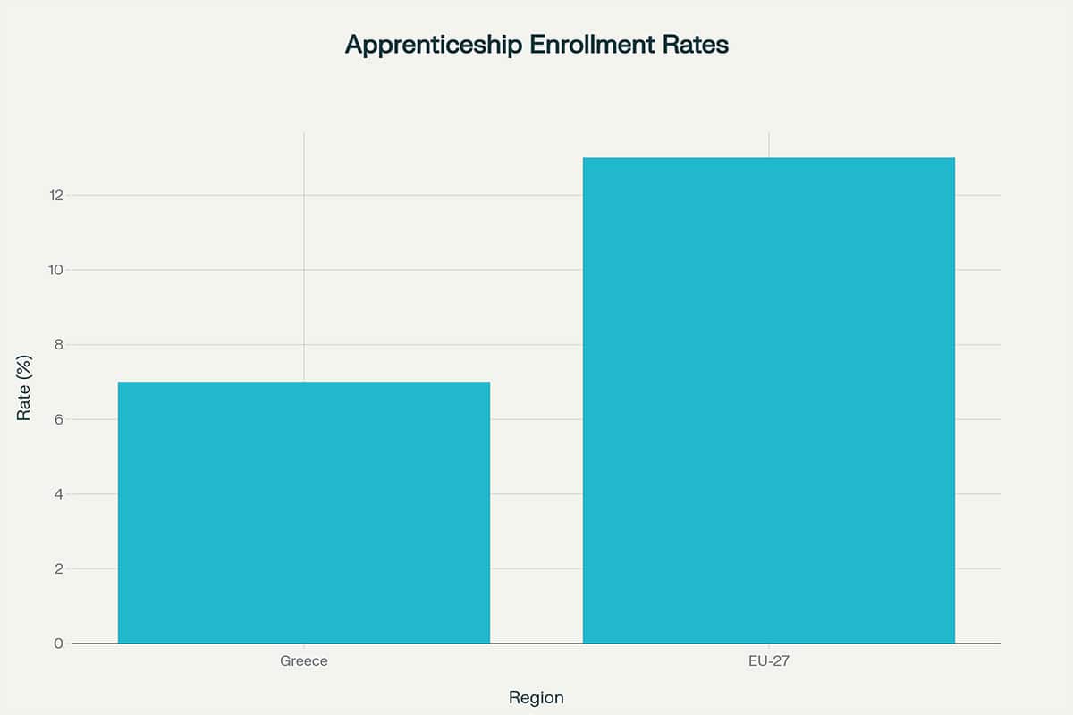 Bar chart comparing apprenticeship enrollment rates: Greece at 7 percent versus EU-27 average of 13 percent.