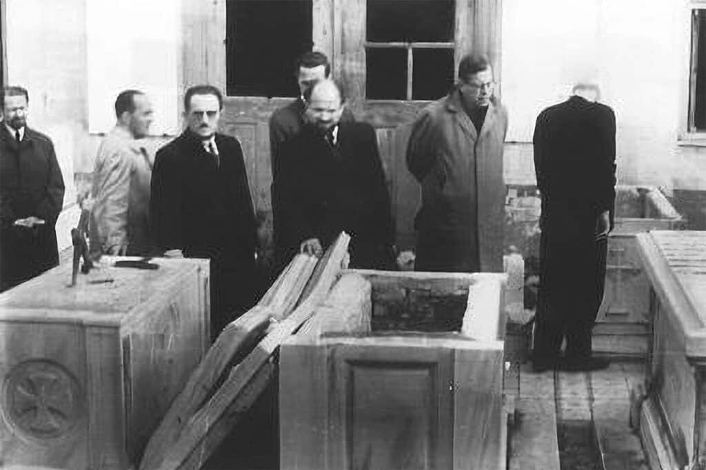 Representatives of the World Council of Churches inspecting desecrated sarcophagi of Ecumenical Patriarchs in the Balıklı Patriarchal cemetery after the 1955 pogrom.