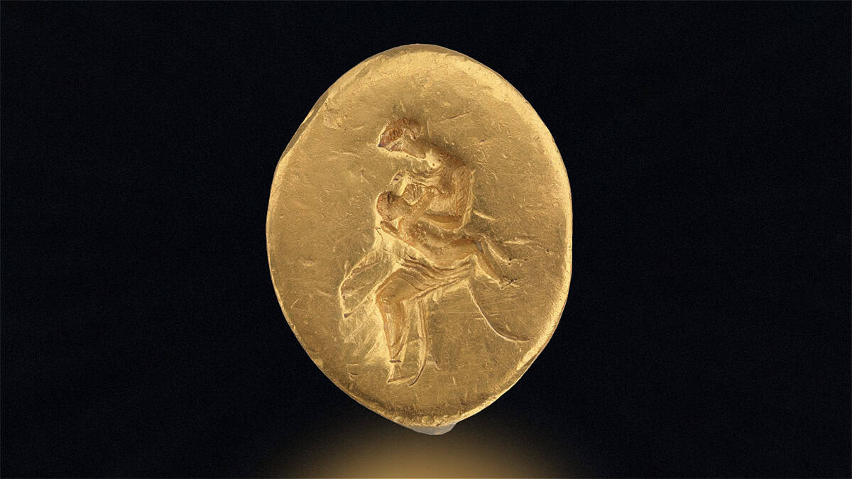 Gold ring from late Classical Macedonia engraved with a mother nursing her child, Archaeological Museum of Thessaloniki