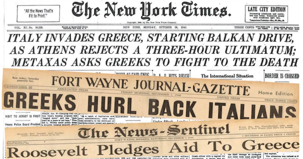 Collage of 1940 newspaper headlines reporting Italy’s invasion of Greece and the first Greek victories.