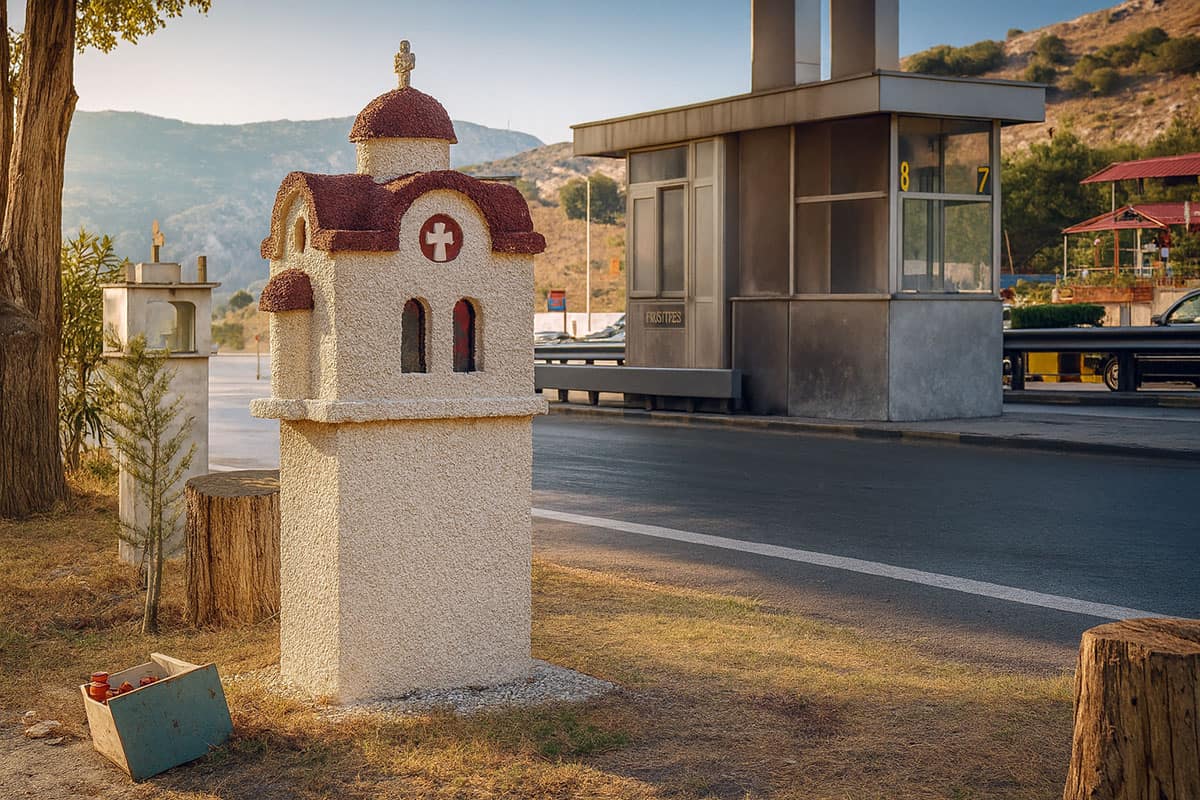 Greek roadside shrine in the shape of a small chapel standing beside a highway toll booth