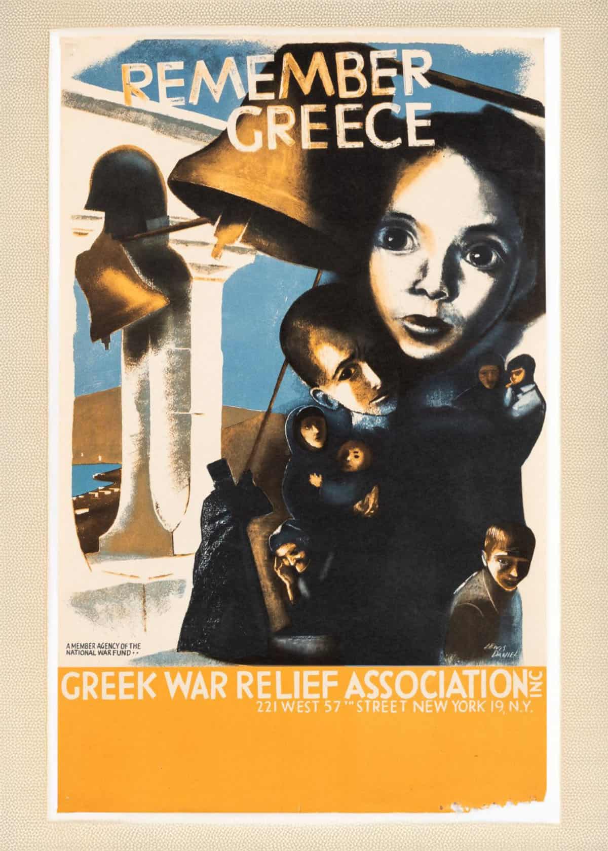 1940s “Remember Greece” fundraising poster of the Greek War Relief Association showing a mother and children with distressed faces.