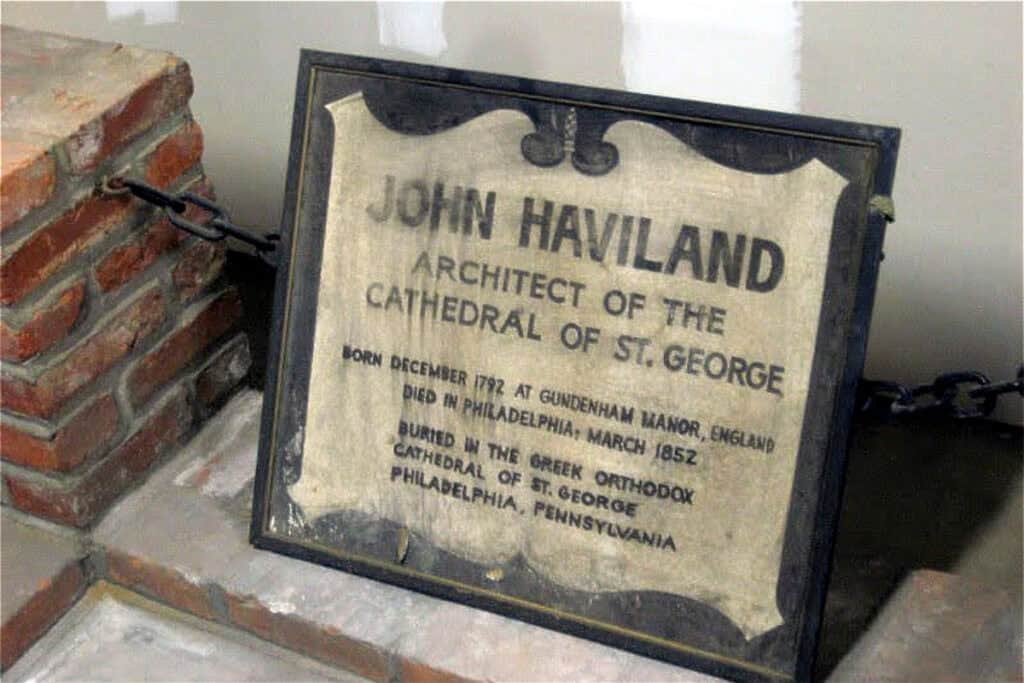 Plaque on the cenotaph of John Haviland inside St. George Cathedral basement.