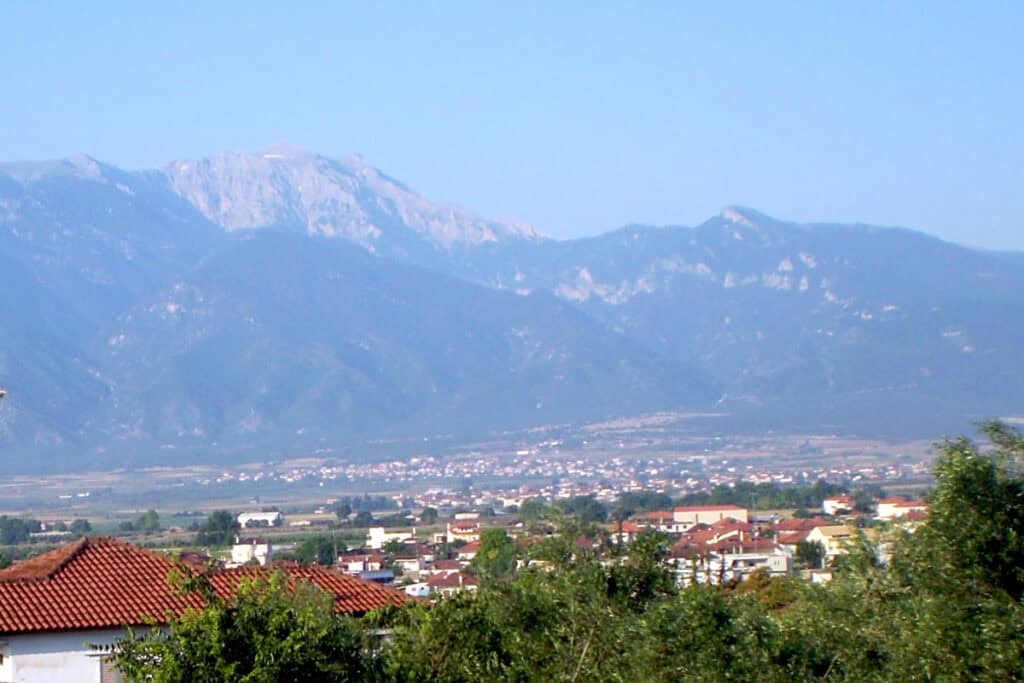 Kontariotissa village in Pieria, Greece, with Mount Olympus in the background.
