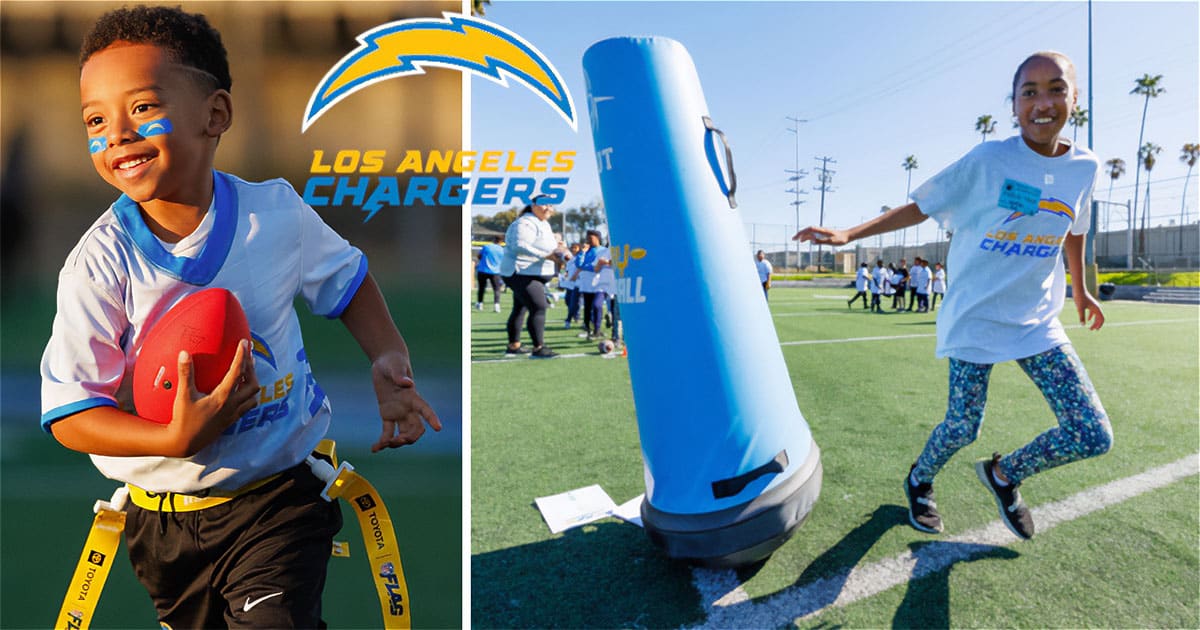 Children playing NFL Flag Football at a Los Angeles Chargers youth event, promoting the team’s Santorini camp in October 2025.
