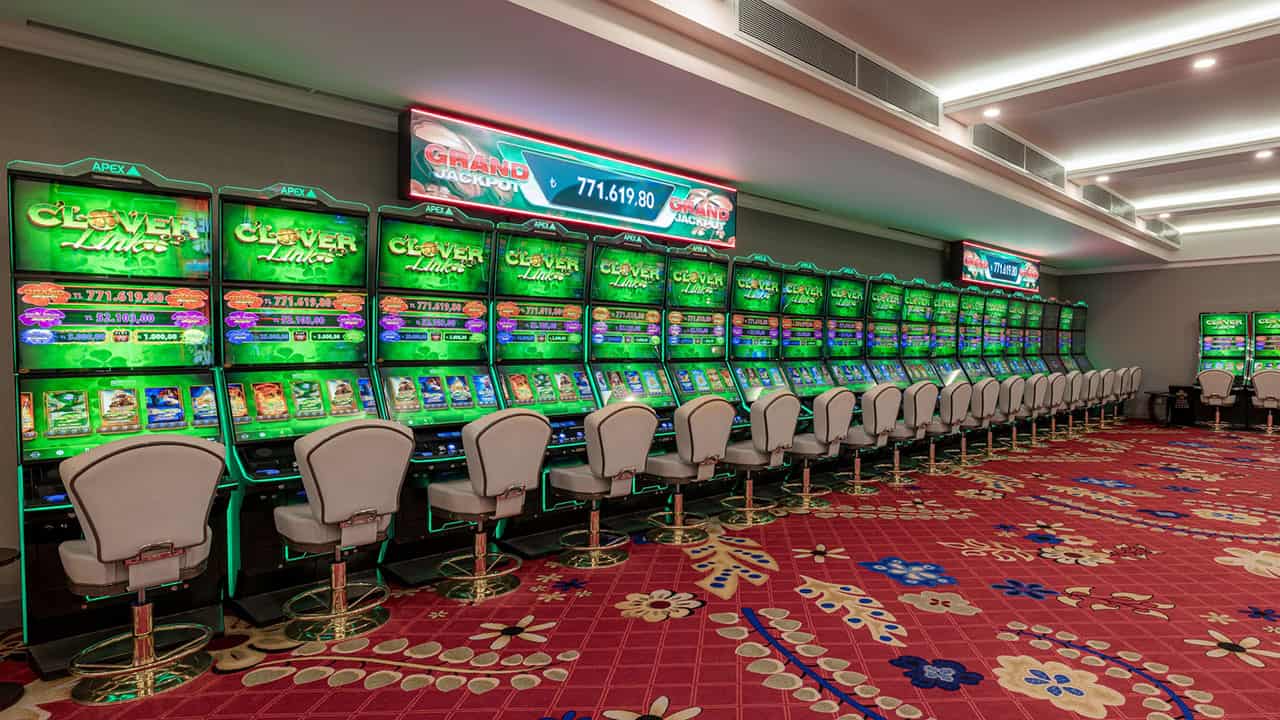 Row of slot machines inside Merit Crystal Cove Hotel & Casino in occupied North Cyprus