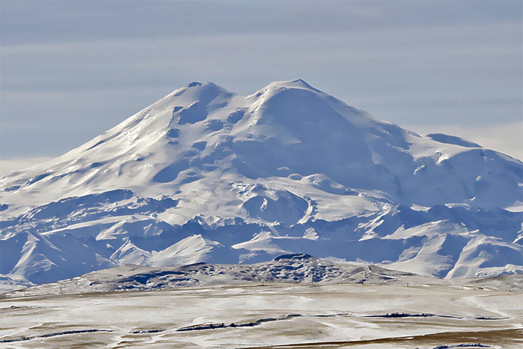 Snow-covered Mount Elbrus in the Caucasus Mountains, the highest peak in Europe