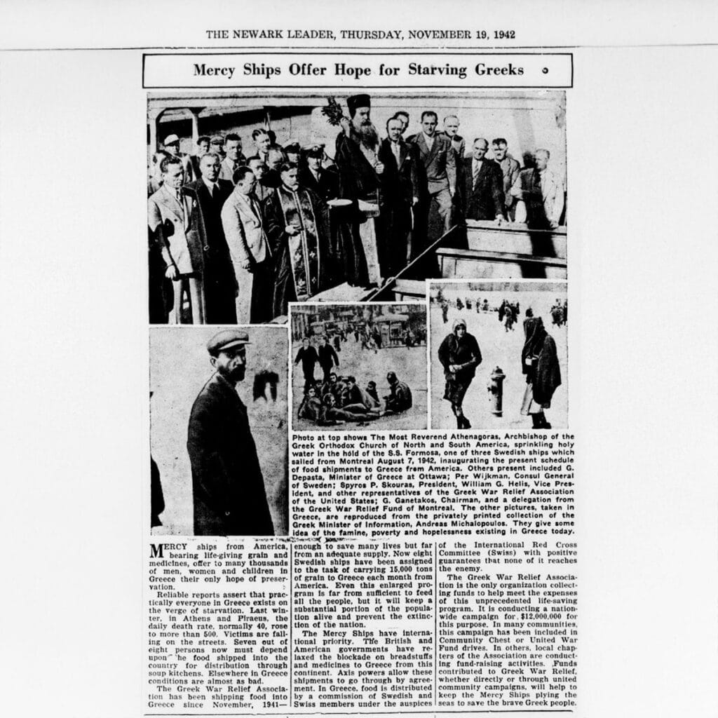 Archbishop Athenagoras sprinkling holy water in the hold of the S.S. Formosa, one of the Swedish Red Cross ships carrying food to Greece in 1942