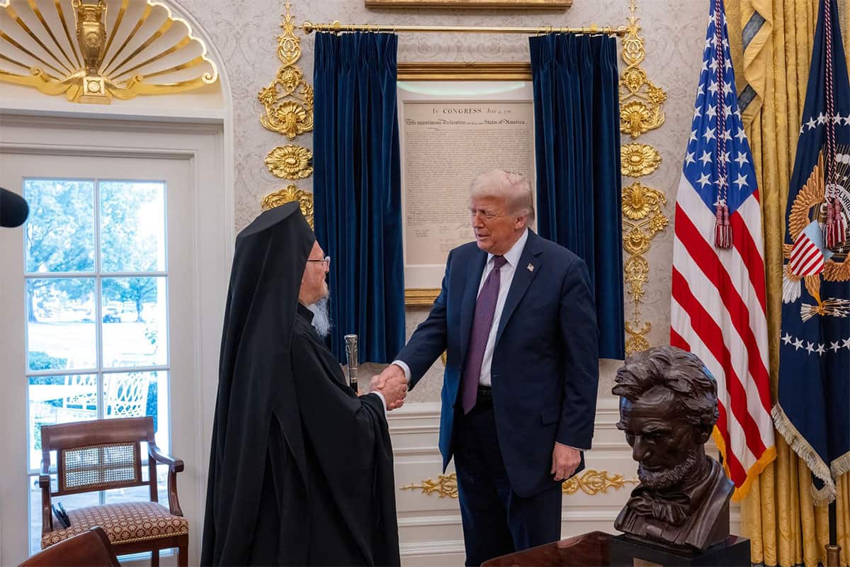 Ecumenical Patriarch Bartholomew shakes hands with President Donald Trump in the Oval Office during their September 15, 2025 meeting.