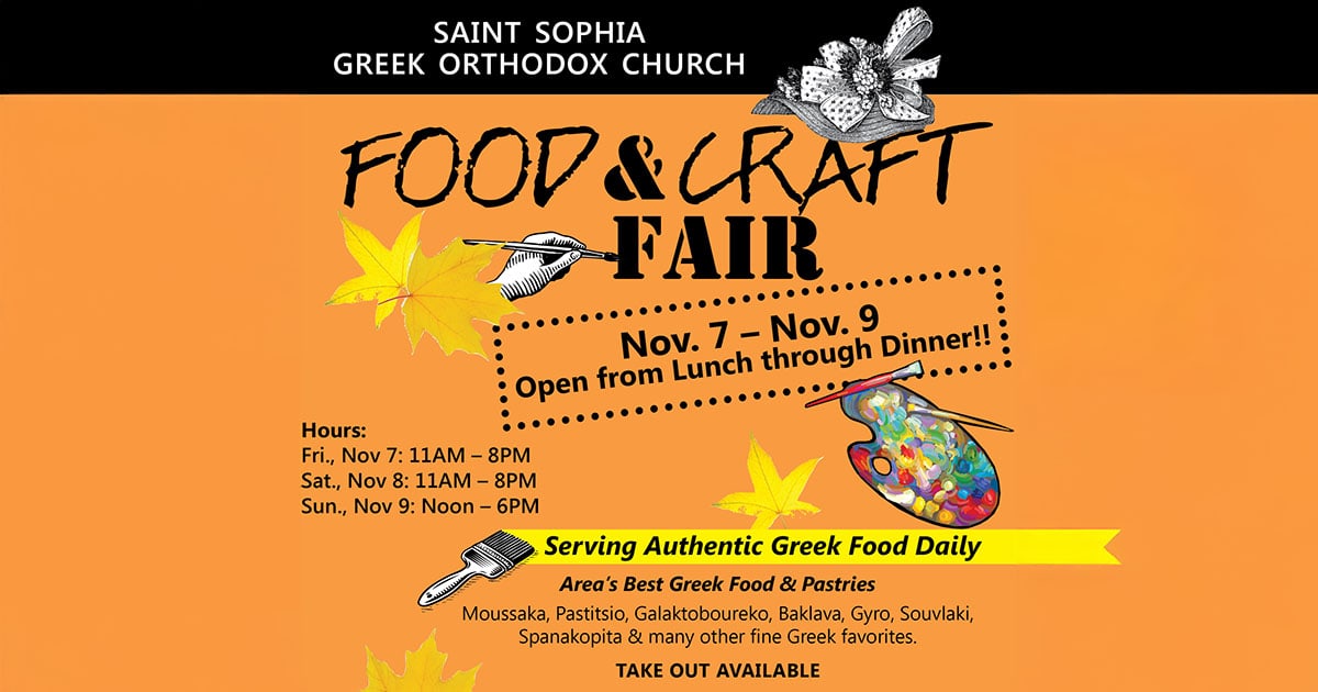 Flyer for the Saint Sophia Greek Orthodox Church Food & Craft Fair, November 7–9, 2025, Jeffersonville, PA